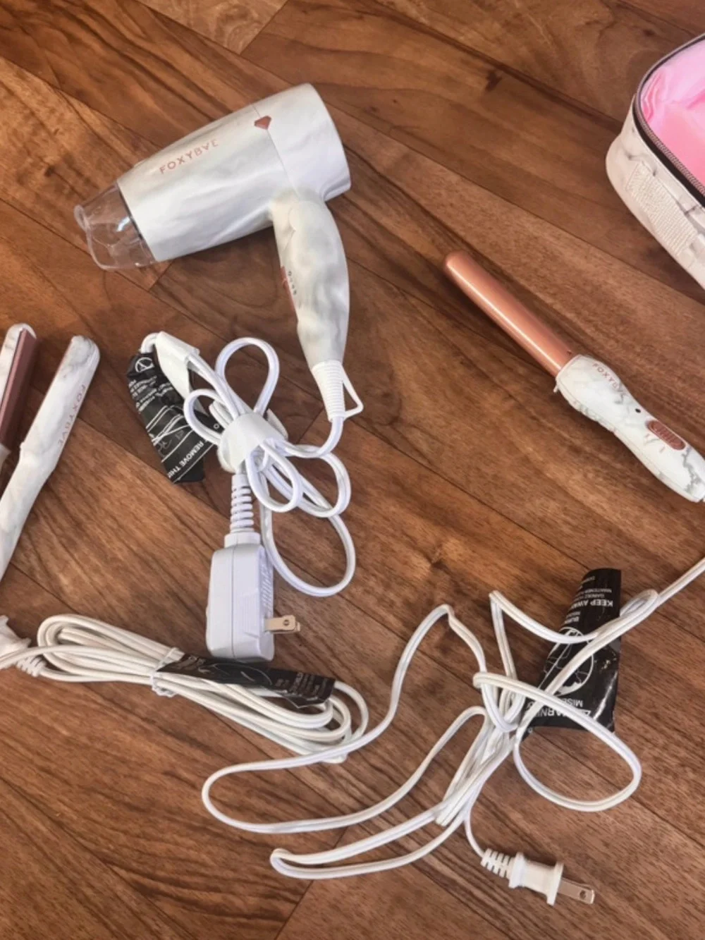 FoxyBae Mini Travel Hair Tool Set Dryer Flat Iron Curler Marble Rose Gold